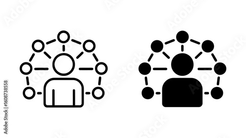 Networking Icon:  Person Connected to Multiple Nodes, Line and Solid Styles, Professional Business Concept
