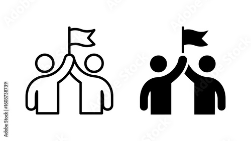 Teamwork Success:  Celebrating Achievement, Line Art & Solid Icon Set, Positive Collaboration