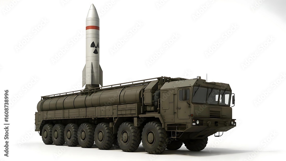 Fototapeta premium 3D Render of Nuclear Missile on Mobile Launcher – White Background