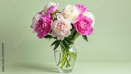 Wallpaper Mural Pink & white peonies arranged in clear glass vase against green backdrop Torontodigital.ca