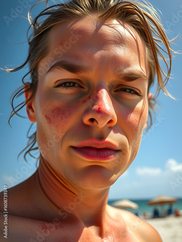 Sunburned Face of person Under Harsh Sunlight on Summer Beach bad vacation,