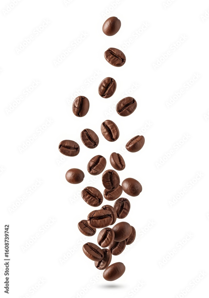Naklejka premium Falling Coffee Beans - Roasted coffee beans falling against a white background. Perfect for coffee packaging, websites, or blogs