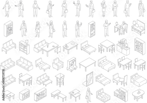 Collection of abstract line drawings depicting various human figures and shapes in a repeating pattern