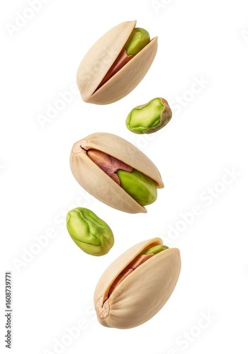 Wallpaper Mural Falling Pistachios Isolated on White - Four pistachios falling against a white background, showcasing their natural texture and vibrant green color Torontodigital.ca