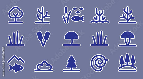 Blue nature and aquatic icons vector silhouette