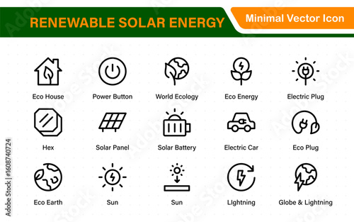 Renewable solar energy icons with sun-powered PV panels, smart inverter, energy meter, OTG setup, battery bank, charge controller, and green home power system elements.