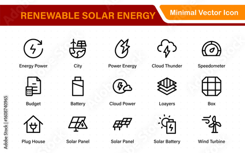 Renewable solar energy icons with sun-powered PV panels, smart inverter, energy meter, OTG setup, battery bank, charge controller, and green home power system elements.