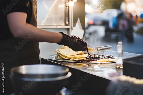Crepe food truck, Nutella drizzle action shot, elegant presentation, Parisian vibe.