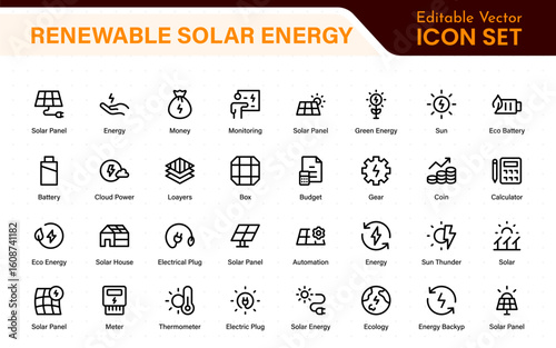 Renewable solar energy icons with sun-powered PV panels, smart inverter, energy meter, OTG setup, battery bank, charge controller, and green home power system elements.