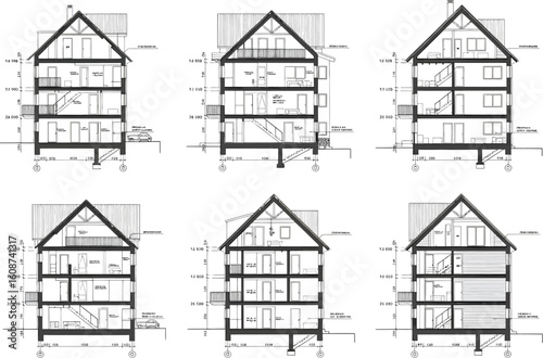 Architectural cross sections of six different multi story residential buildings with detailed floor plans and elevations