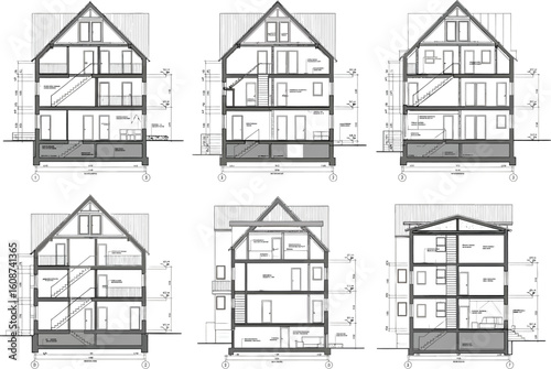 Architectural cross sections of traditional european timber framed houses showcasing interior layouts and structural details
