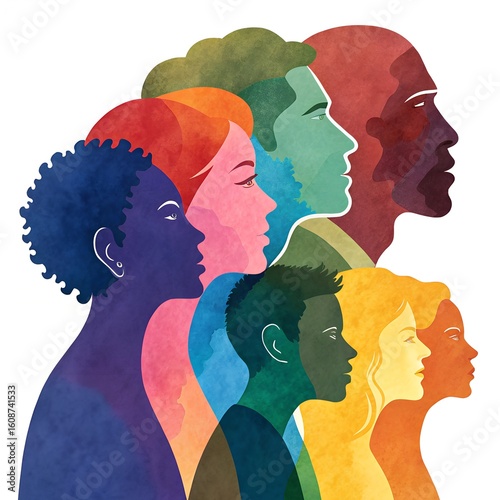 Silhouettes of diverse people in profile, showcasing various hair types and colors. The scene emphasizes unity and diversity among different ethnicities.