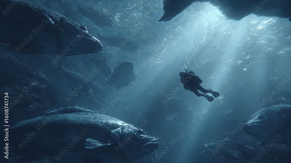 Fototapeta premium Diver exploring underwater world surrounded by giant fish 