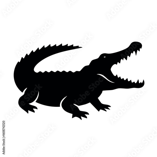 Black silhouette of a crocodile with an open mouth and jagged tail. Vector graphic icon of a predatory alligator.