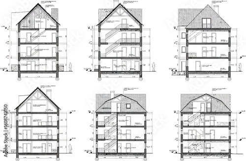 Architectural cross sectional drawings of traditional european townhouses showing interior layouts and roof structures