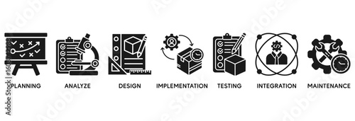 Software development icon set vector illustration concept relate to planning, analyze, design, implementation, testing, integration, and maintenance