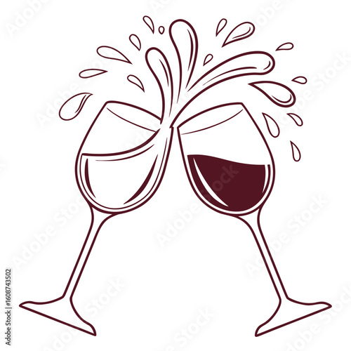 Two wine glasses clinking together with a splash of red wine and droplets in a celebratory toast