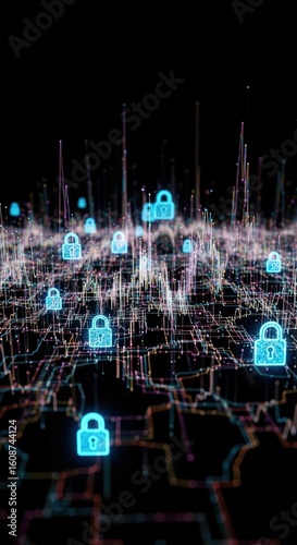 Network security concept with padlocks on a grid against a dark background.