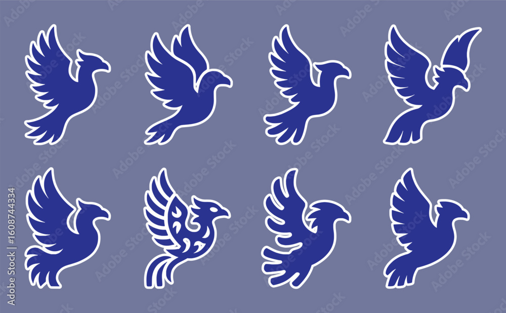Obraz premium Blue bird silhouettes in flight collection flying wing