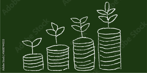 Chalk hand-drawn plant growing from coins icon on chalkboard. Simple doodle vector symbolizing investment, financial growth, profit, savings, wealth, and eco money success.