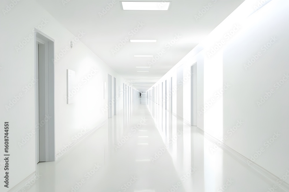 Fototapeta premium Modern hospital corridor, white walls, floor reflections, minimalistic design with soft lighting.