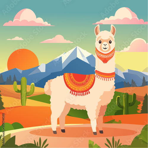 Cartoon Llama in a Scenic Landscape with Mountains and Cacti Illustration Design
