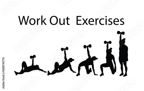 Silhouette Illustration of Woman Demonstrating a Series of One Arm Dumbbell Push Up Exercises in Different Stages on a White Background