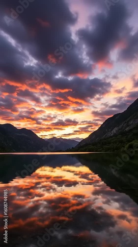 Sunset Reflection Over Serene Mountain Lake