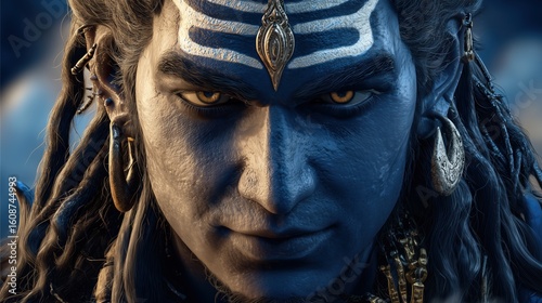 Hyper-realistic close-up portrait of Lord Shiva in dramatic light