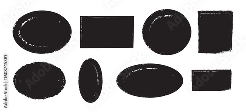 Set of black grunge rectangles, circles shapes on a white background. Brush frame rough rectangle box shape set.  Vector brush rectangle, circle. Grunge shape. Vector illustration.