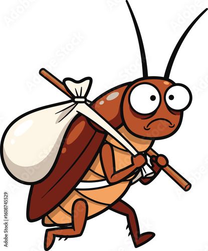 Cartoon cockroach carrying sack on stick, humorous bug character, funny insect drawing, black-and-white and color vector for stock illustration