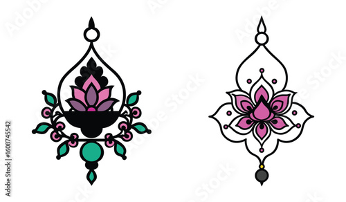 Two ornate floral designs with intricate patterns and colorful embellishments isolated on white background