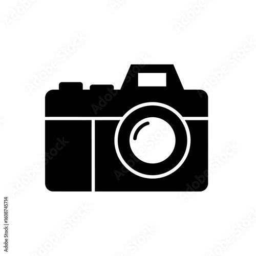 A black and white illustration of a classic, compact camera.