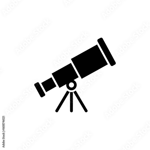 Simple black silhouette of a telescope on a tripod, a symbol of exploration and observation.