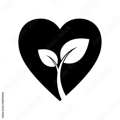 Black heart shape containing a sprouting plant with two leaves, representing growth.