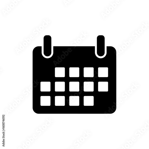A simple black and white icon of a calendar, showcasing date squares.