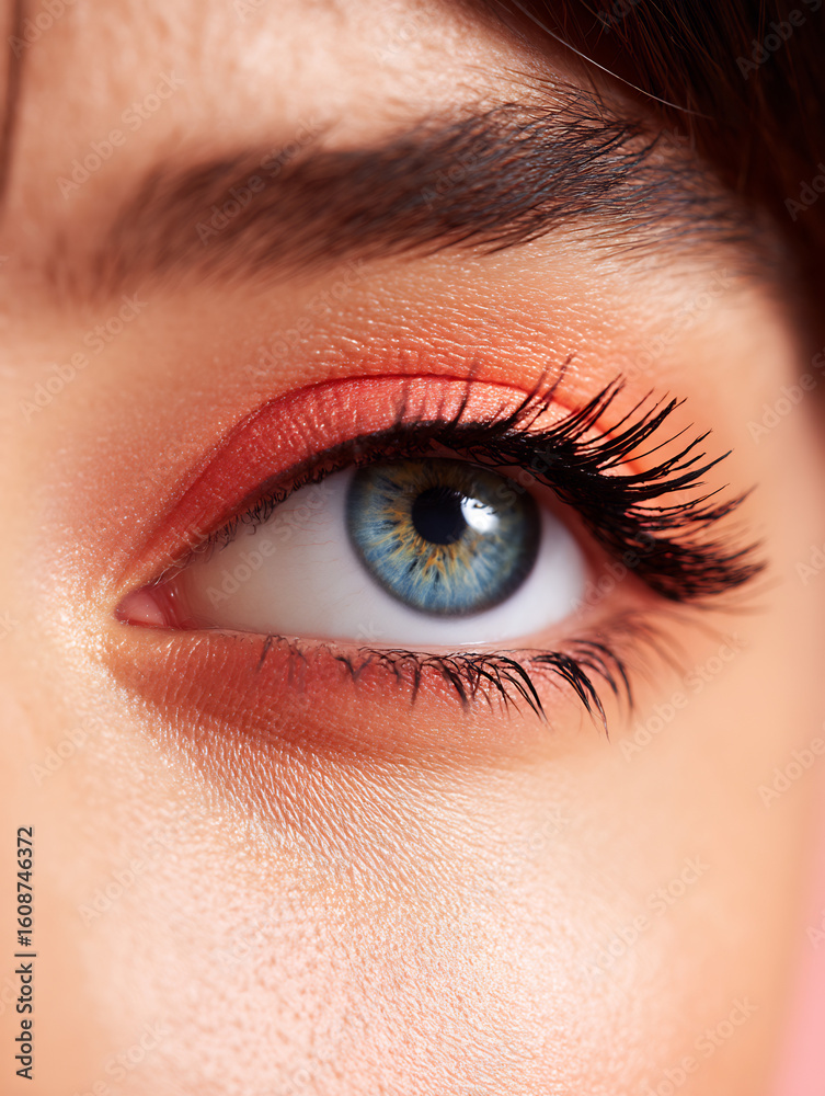 Obraz premium eye makeup closeup coral background beauty shot