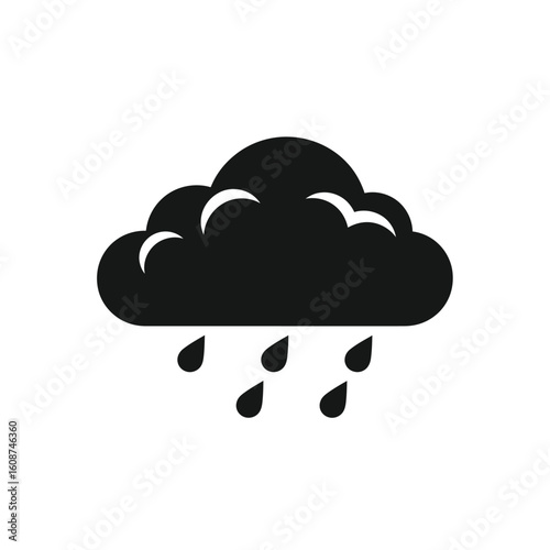 A stylized black cloud with falling raindrops, representing precipitation against a white background.