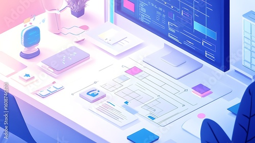 Sparkling AI dashboard where robot oversees creative planning blueprints
