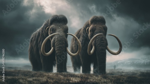 Two majestic woolly mammoths with massive curved tusks stand in a misty, open field beneath stormy skies.