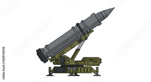 Illustration of a surface-to-air missile launcher in an elevated position, ready for launch, against a clean white background, showcasing its design and purpose.