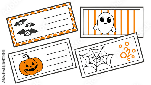 Four halloween themed cards with bats, ghost, jack o lantern, and spiderweb designs on a white background