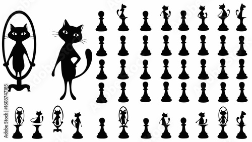Silhouette of cat looking in mirror and cat standing next to chess pieces on a white background image