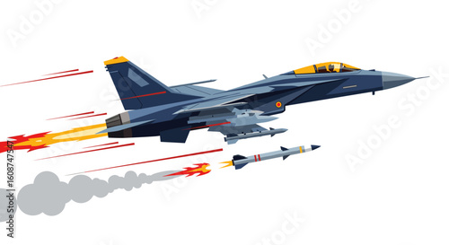 A modern fighter jet unleashes missiles in a dynamic display of aerial combat, set against a clean white background, showcasing advanced military technology.