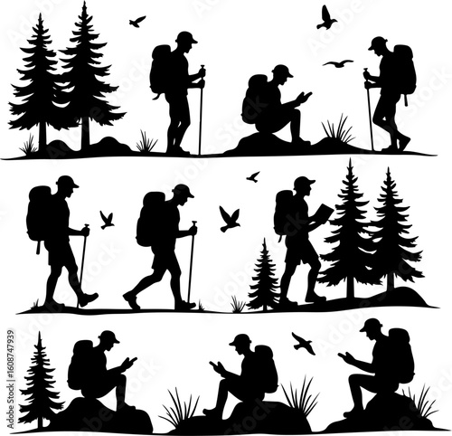  mountain hiking, outdoor adventure,  walking man vector bundle