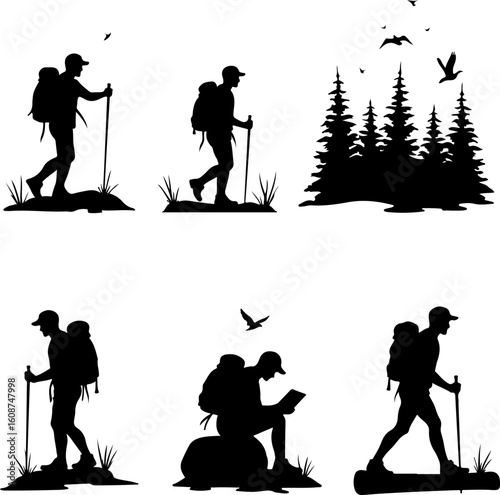  mountain hiking, outdoor adventure,  walking man vector bundle