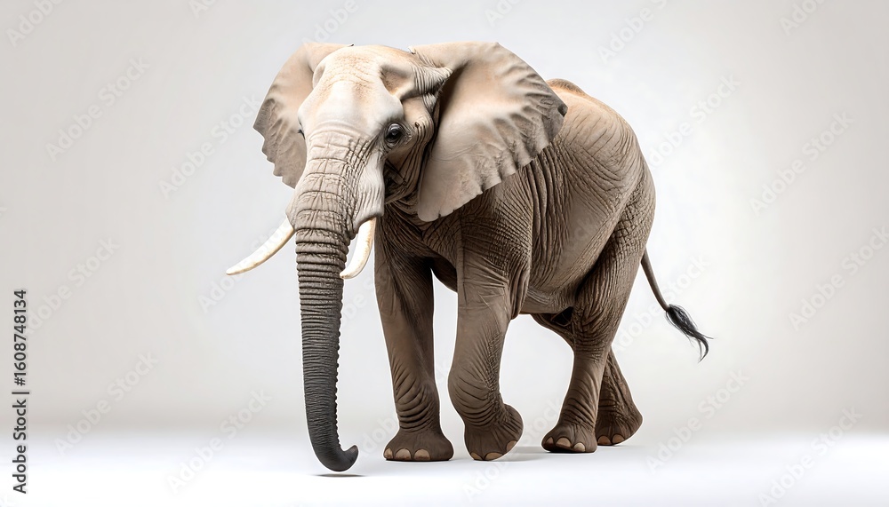 Obraz premium A large elephant walks towards the viewer against a plain background