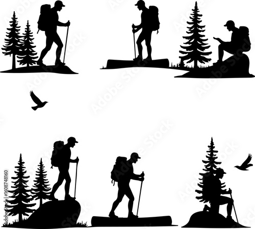  mountain hiking, outdoor adventure,  walking man vector bundle