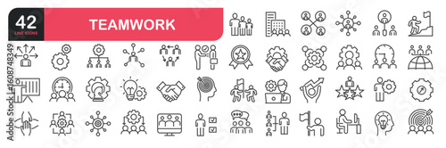 Set of line icons related to teamwork, management, business, collaboration, partnership. Outline icons collection. Editable stroke. Vector illustration