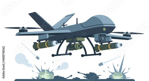 A military drone armed with missiles attacks tanks on the ground, creating explosions in a modern, minimalist illustration against a white background.